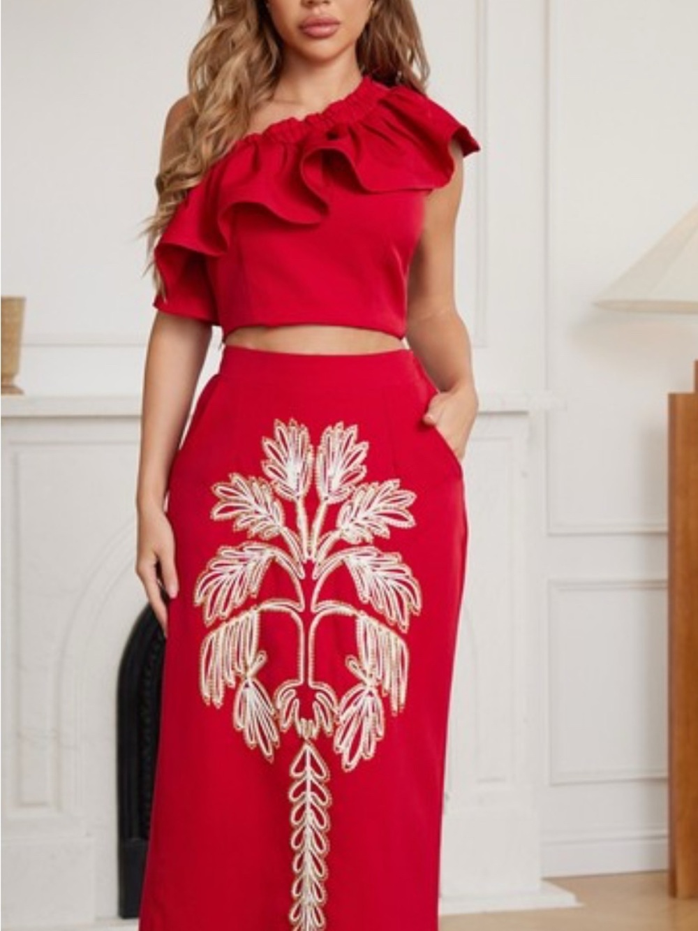 Red Embroidered Maxi set - Elegant Women's Skirt